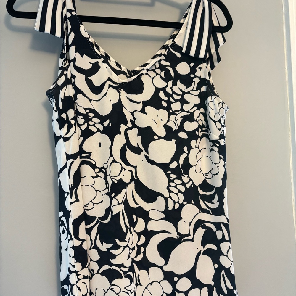 CAbi Navy Blue and White Floral Tank Top with Striped Straps
